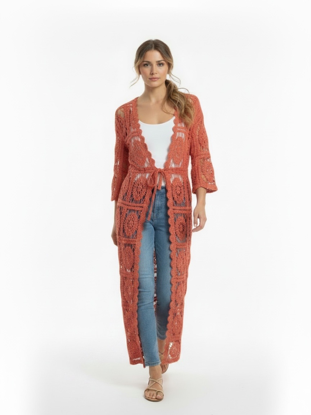 Raj Red-Orange Scalloped Crochet Boho Open Front Maxi Duster Cardigan NWT OS